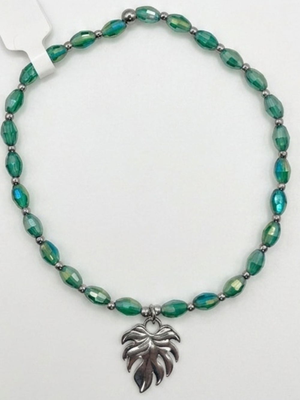 *ANKLET* S. Steel Silver Leaf & AB Green Crystal Stretchy Anklet